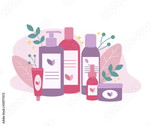 Cosmetics, makeup and skincare products set vector illustration. Cartoon moisturizer lotion and cream, gel and shampoo in plastic bottles, containers and tubes isolated on white. Skin care six product