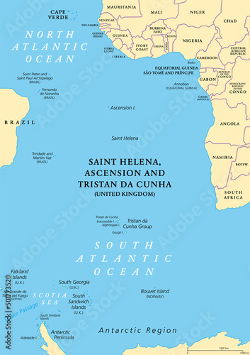 South Atlantic Islands political map. Islands and archipelagos between Africa and Brazil, Cape Verde and Antarctic Region. With British Overseas Territory Saint Helena, Ascension and Tristan da Cunha.