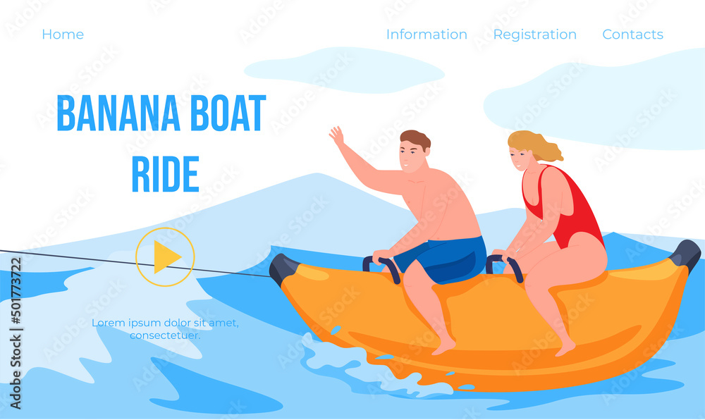 Couple banana boat ride landing page vector flat summer leisure beach sport recreation activity