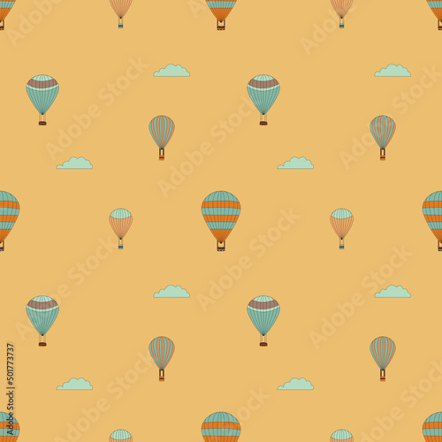 Hot Air Balloons in the sky. Coloring page in retro style. Seamless pattern.