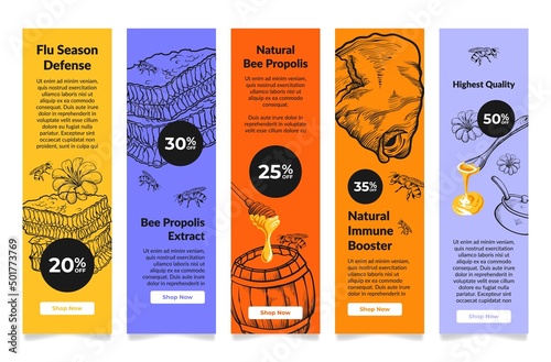 Collection bee natural propolis extract vertical landing page engraved vector illustration