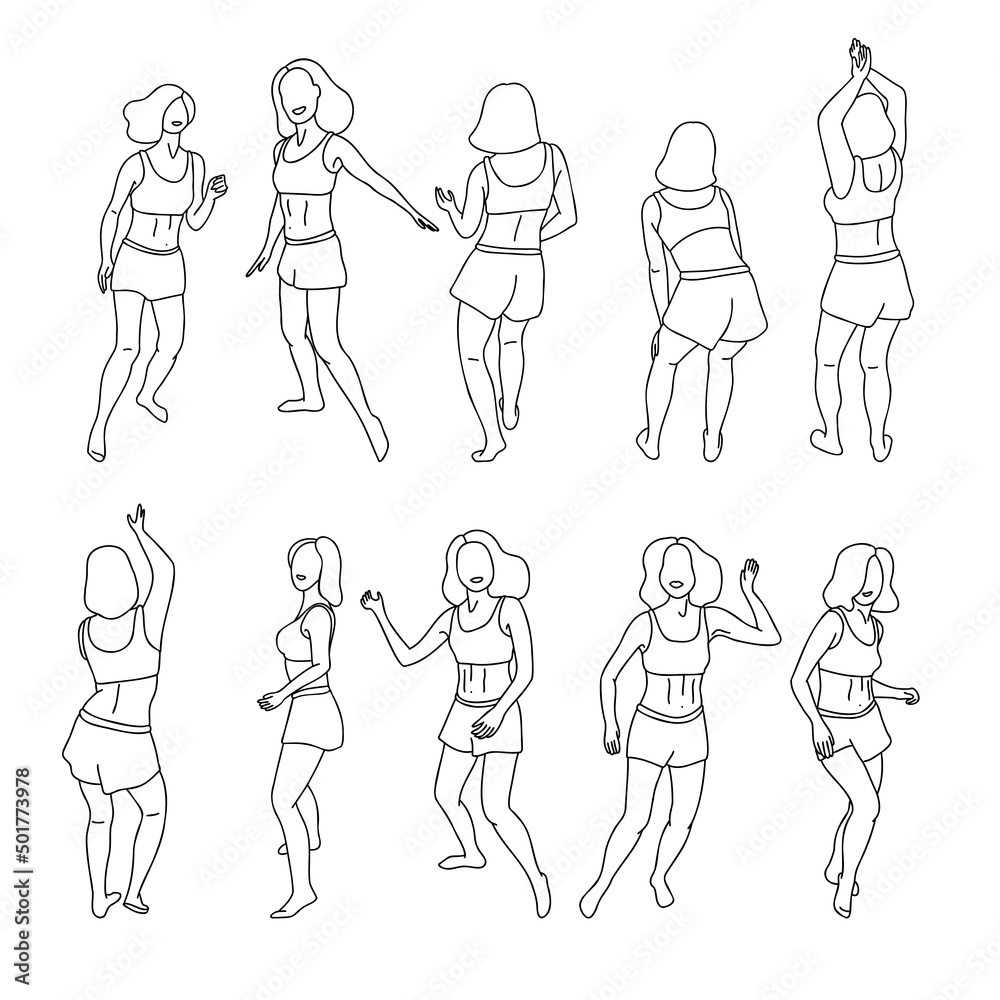 Set of sketch ink hand drawn dancing ladies in different poses. Doodle