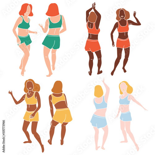 Abstract color disco girls set, dancing faceless slim couple twins ladies silhouettes for flyers, card, posters design vector illustration