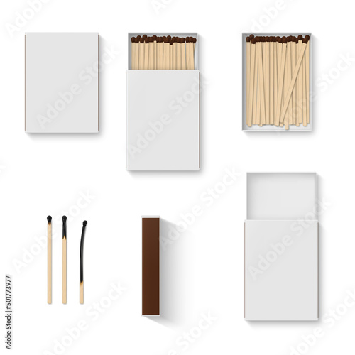 Collection realistic matchbox blank template front side view vector matches in box, matchsticks