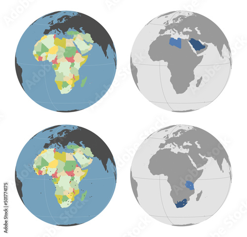 Round Globe Vector Map with Africa, Middle East Countries highlighted and Capitals optionally mapped (see top and bottom). Any country combinations could be highlighted. African Map. Middle East Map.