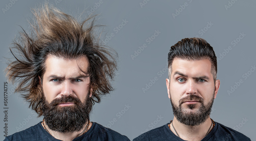 Shaving, hairstyling. Beard, shave before, after. Long beard Hair style hair  stylist Collage man before and after visiting barbershop, different haircut,  mustache, beard. Male beauty, comparison Stock Photo | Adobe Stock