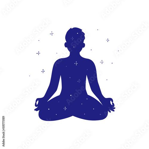 Man sitting in lotus pose of yoga. Universe, night sky, stars inside of guy silhouette. Mental detox, relax, meditation. Male character zen like meditating. Mindfulness, body care vector illustration