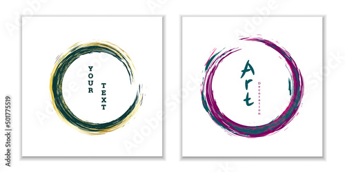 Zen ink circle emblem. Set. Paint strokes. Multi-colored strokes. Design template for the design of banners, posters, booklets, covers, magazines. EPS 10