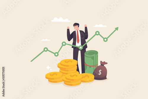 Wealthy businessman, Profit from investments, funds, dividends, stocks, interest on deposits. concept of financially successful people.