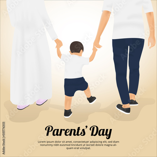 Parents day background with a baby holding his father and mothers hands