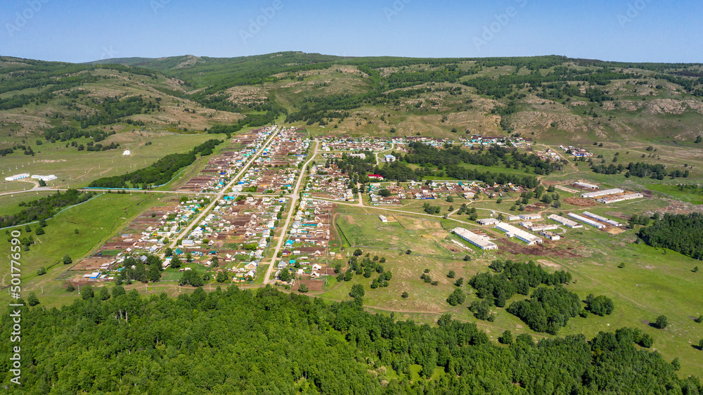 Southern Urals, Bashkortostan, Meryasovo village. Aerial view.