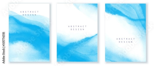 Set of vertical backgrounds, cards, covers. Monochrome, blue, white, watercolor texture. Soft gradient shades.