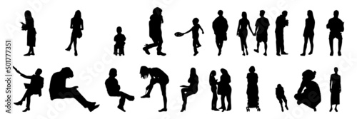 Vector silhouettes, Outline silhouettes of people, Contour drawing, people silhouette, Icon Set Isolated, Silhouette of sitting people, Architectural set