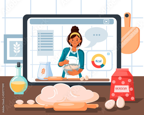 A female chef cooks food in the kitchen live. Vector illustration