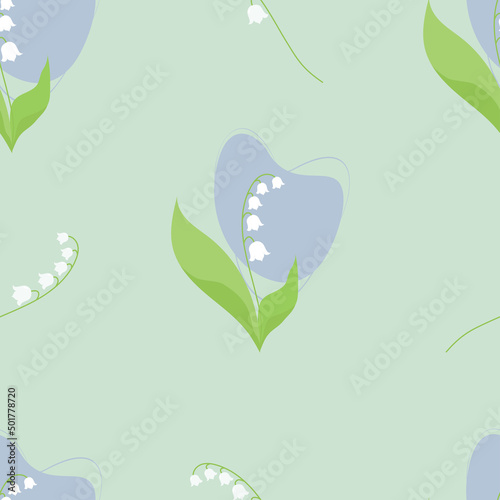 Seamless pattern with beautiful May lily of the valley on light blue background. Vector illustration. Spring pattern with forest flower for design, packaging, decor and decoration, print