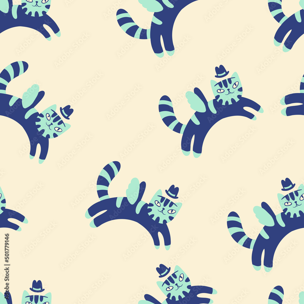 Cute cats in hats. Vector. Cartoon style. Seamless Pattern, Background