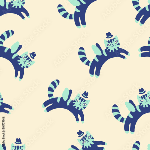 Cute cats in hats. Vector. Cartoon style. Seamless Pattern, Background, Wallpaper. Perfect for prints