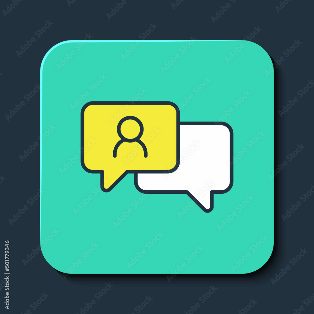 Filled outline Speech bubble chat icon isolated on blue background. Message icon. Communication or comment chat symbol. Turquoise square button. Vector