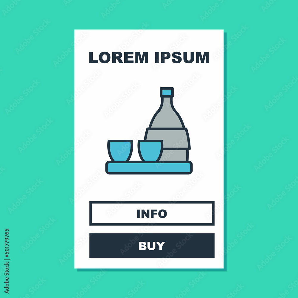 Filled outline Bottle of sake, small cup of sake icon isolated on turquoise background. Vector Filled outline Bottle of sake, small cup of sake icon isolated on turquoise background. Vector