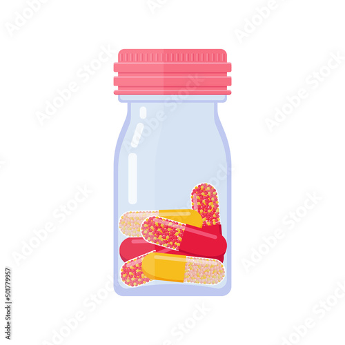 Glass pills bottle. Packaging with medicines. Medical, therapeutic pills, capsules, tablets. Medicines, medications for treatment. Logo of pharmacy.  Vector illustration