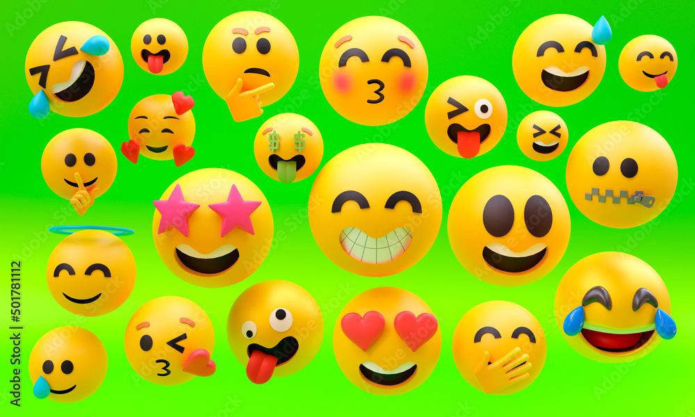 3d illustration, several emoticons showing their faces different expressions, joy, love, meditation, anger, 3d rendering 3d illustration, several emoticons showing their faces different expressions, joy, love, meditation, anger, 3d rendering