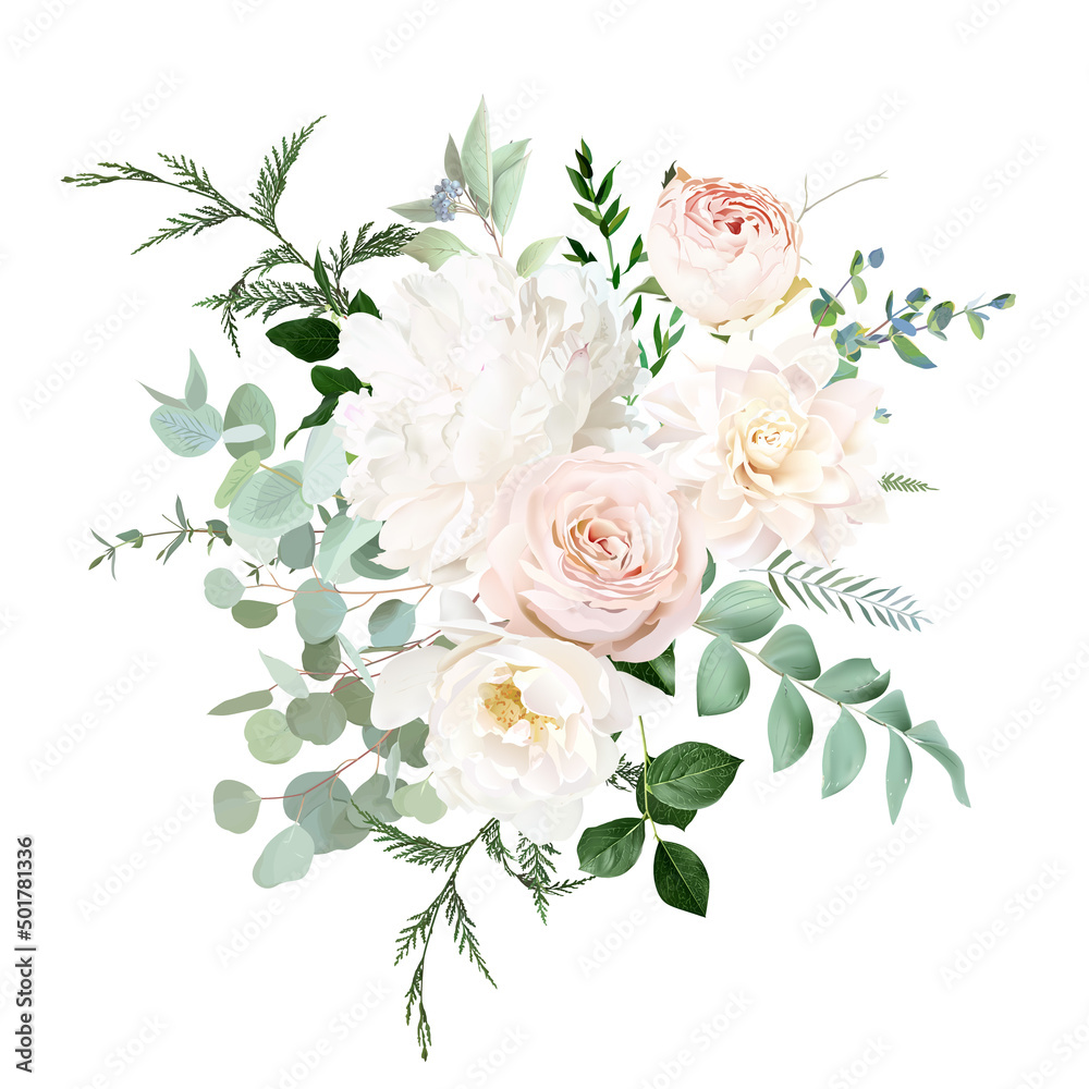 Pale pink and dusty rose, ivory white peony, beige dahlia, nude pink  ranunculus, eucalyptus vector design bouquet. Stock Vector | Adobe Stock