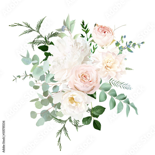 Pale pink and dusty rose, ivory white peony, beige dahlia, nude pink ranunculus, eucalyptus vector design bouquet.