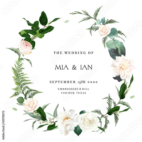 Blush pink roses, ivory dahlia, white peony, fern vector design invitation frame. Rustic wedding greenery