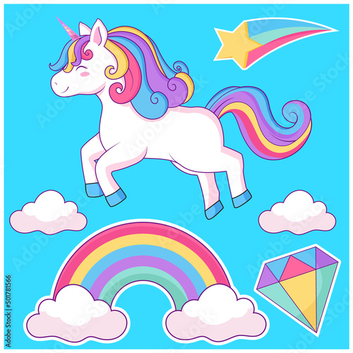 Cute unicorn with rainbow. Vector design isolated on blue background. Hand drawn romantic illustration for children