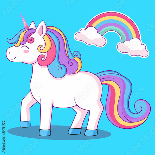 Cute unicorn with rainbow. Vector design isolated on blue background. Hand drawn romantic illustration for children 