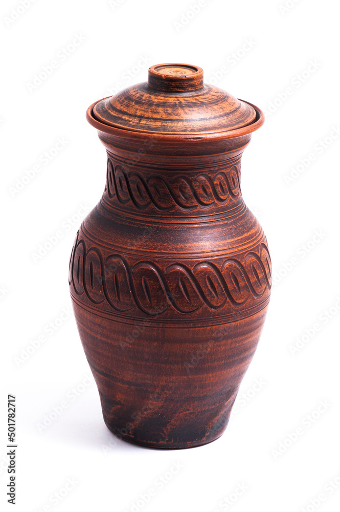 Clay jug with  lid on  white background