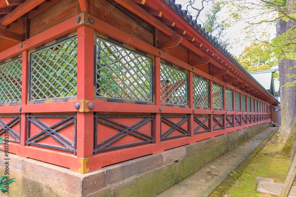 Fototapeta premium Sukibei (see-through fence) of the Nezu Shrine in Tokyo, Important Cultural Property of Japan.