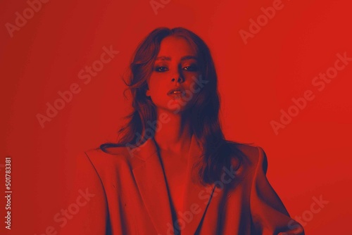 High-fashion. Young beautiful woman with wavy hair in red light. Sexy girl in a jacket. Creative colorful monochrome fashion portrait of Generation Z