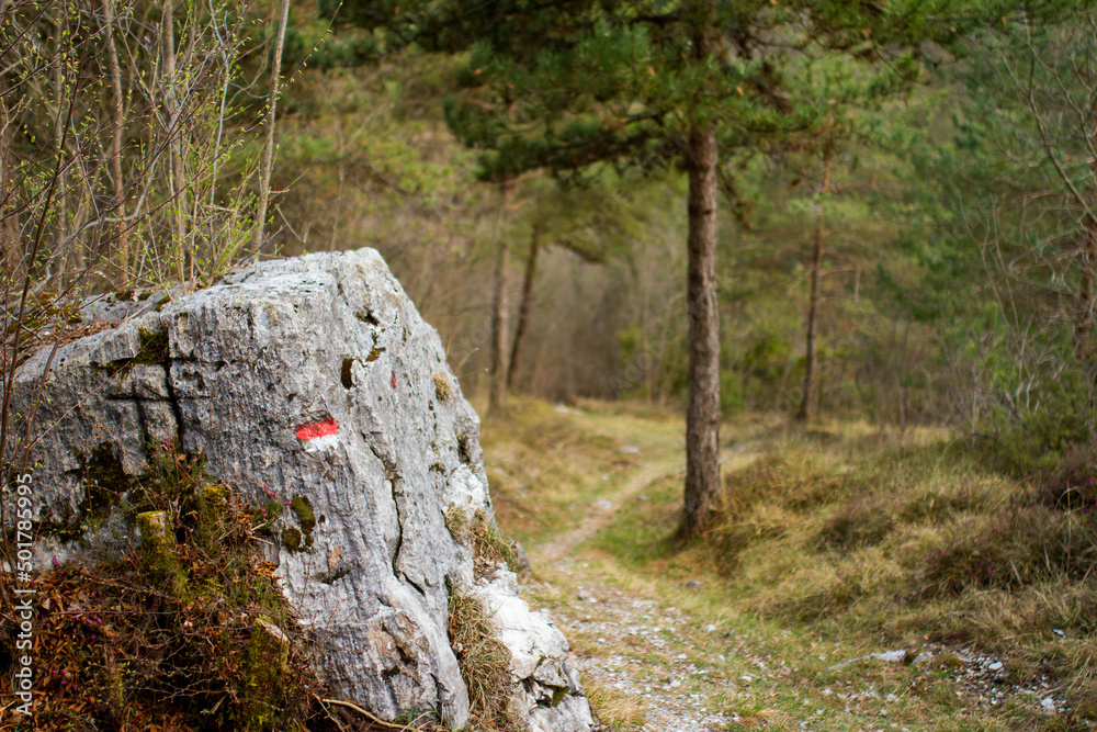 waystone on a mountain trail, Italy waystone on a mountain trail, Italy