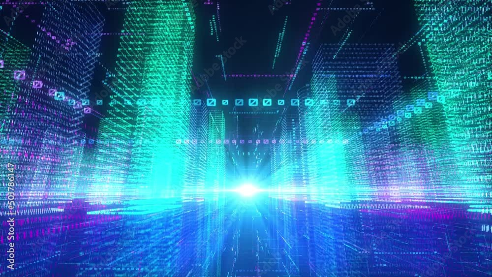 Abstract digital city animation - camera moving between building hologram with binary code particles. Technology and connection concepts. Seamless loopable animation.