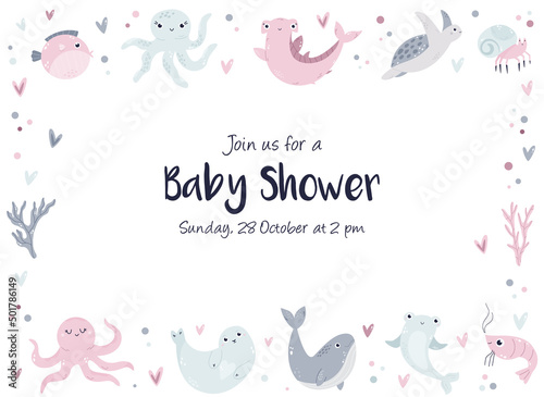 Baby Shower Invitation card with cute marine animals.
