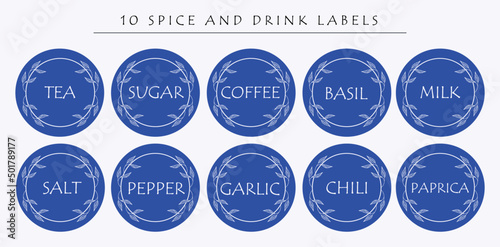 A set of 10 labels for spice and drink. Food stickers for marking jars and containers. Organization of pantry space.
