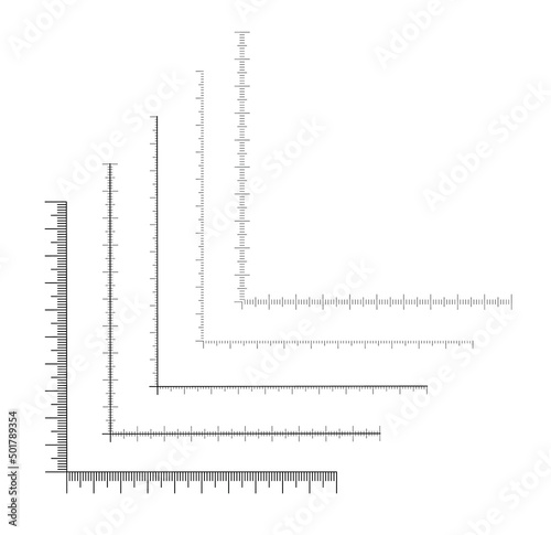 Corner ruler vector. Size indicators set isolated on background. Unit distances. Concept graphic element. Measuring scales.