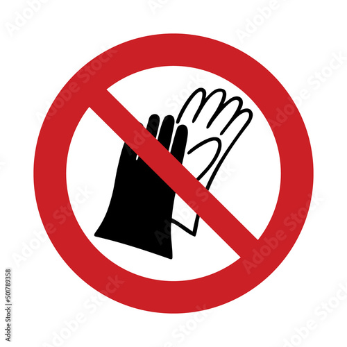 Do not wear gloves. Vector illustration of red crossed out circular prohibition sign with two gloves icon inside. Bare hands symbol isolated on white background. Safety concept.