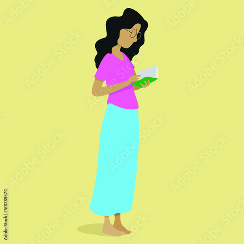 african american woman reading a book isolated over yellow background. Cartoon vector flat illustration