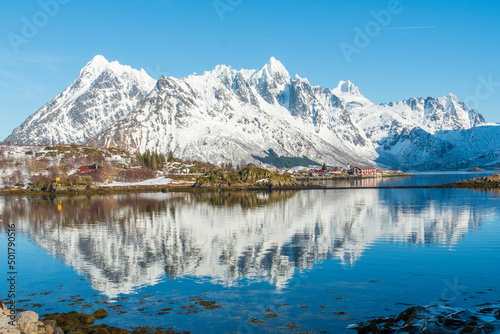 Panorama view of Sildpollen bay  in Austnesfjorden , Norway