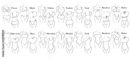 Types of women's swimwear on the figure. Illustration of a one-piece and a two-piece swimsuits with a name and an example of a back and front view.