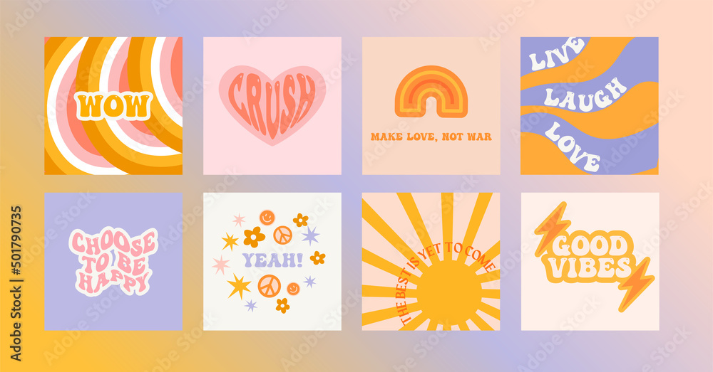 Design backgrounds for social media banner.Set of instagram stories frame templates.Vector cover. Mockup for personal blog or shop.Layout for promotion. Hippie retro vintage stickers in 70s style. 