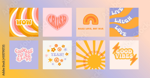 Design backgrounds for social media banner.Set of instagram stories frame templates.Vector cover. Mockup for personal blog or shop.Layout for promotion. Hippie retro vintage stickers in 70s style. 