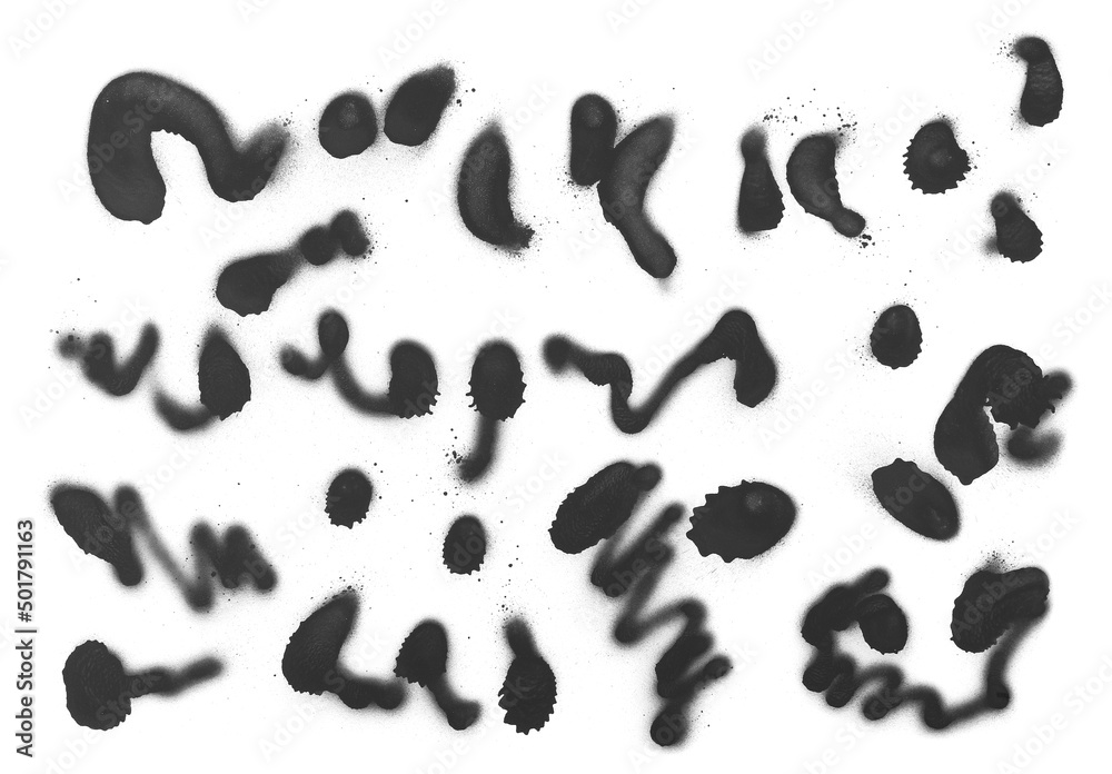 Set black spray stain, blot paint isolated on white 