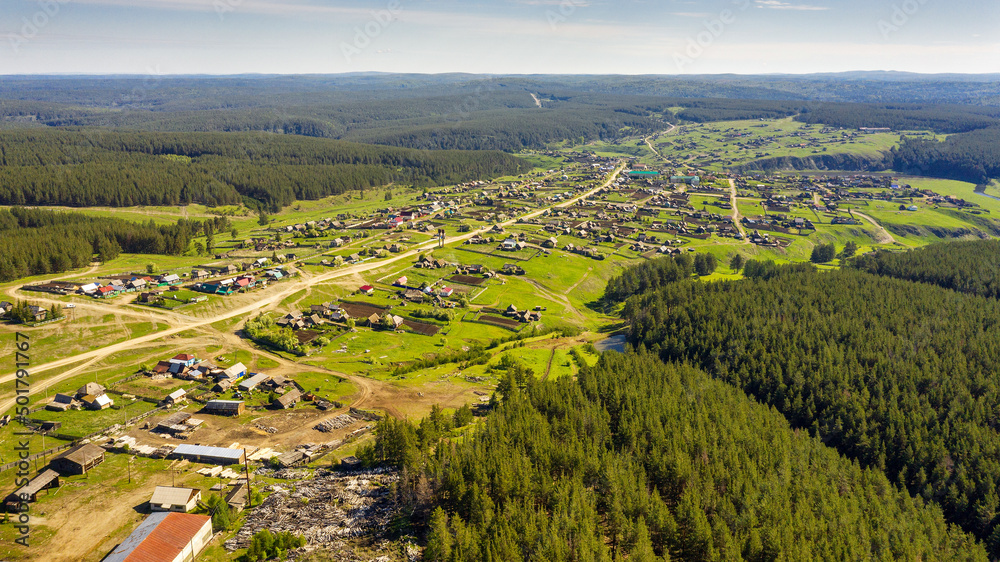 Southern Urals, Bashkortostan, Kananikolskoe village. Aerial view.