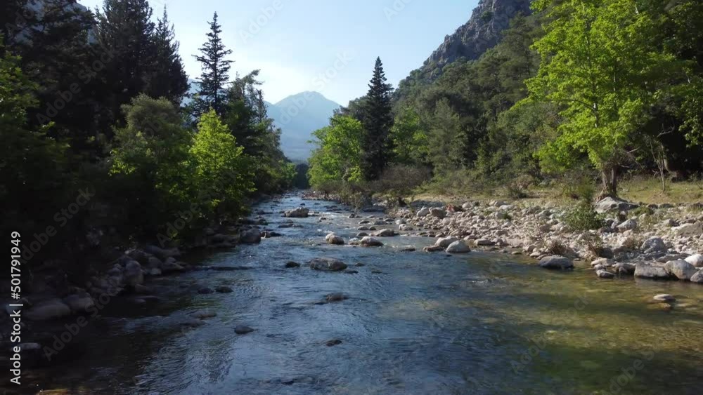An air flight on a drone low above the water through a gorge in the valley. Moving forward through the trees, endless movement, mountain views, a sunny day, nature. Turkey, Antalya region, Cirali An air flight on a drone low above the water through a gorge in the valley. Moving forward through the trees, endless movement, mountain views, a sunny day, nature. Turkey, Antalya region, Cirali