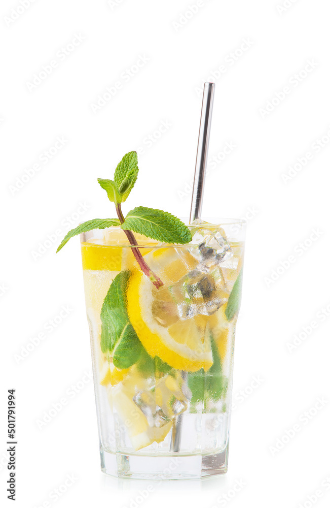 Mojito with lemon and ice in a glass with a metal straw on a white background Mojito with lemon and ice in a glass with a metal straw on a white background