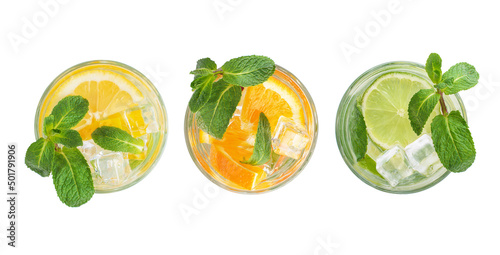 Different types of mojitos in glass glasses on a white background. View from above