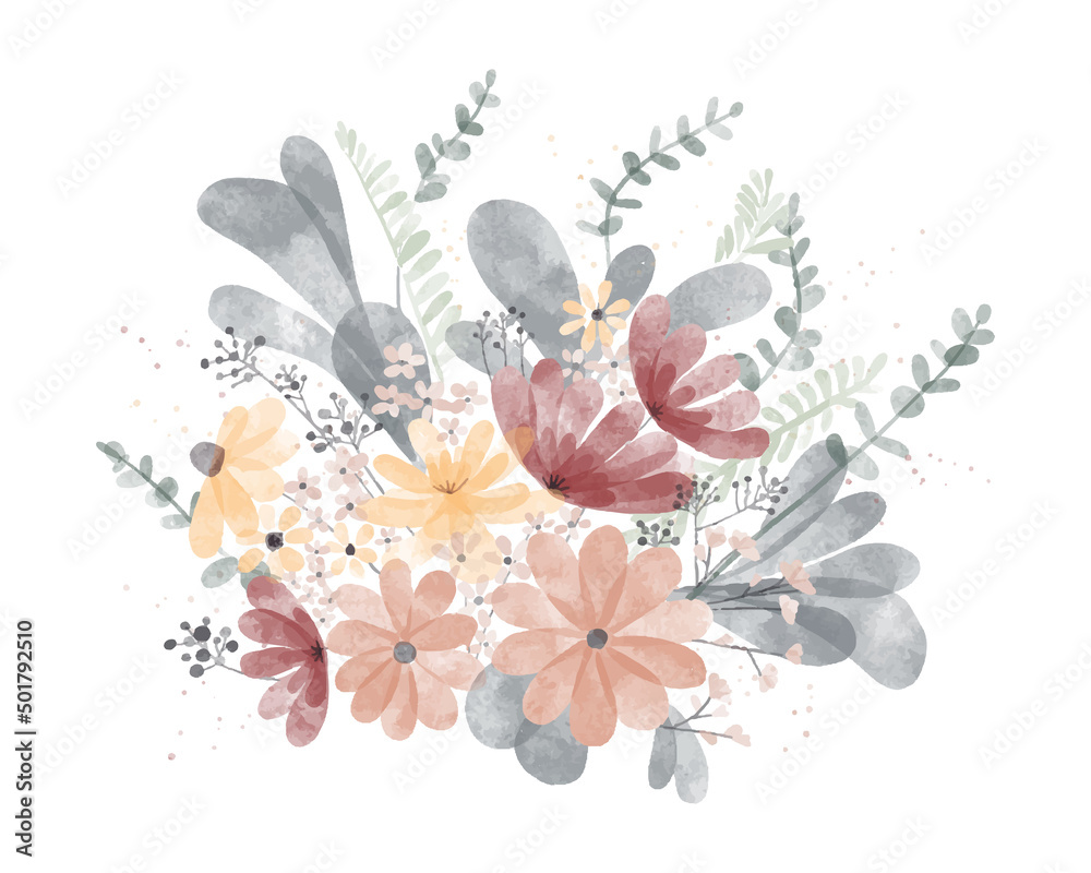 Watercolor flowers bouquet. Floral illustration, leaf and buds. Botanic composition for wedding or greeting card. Branch of wildflowers flowers - obrazy, fototapety, plakaty 